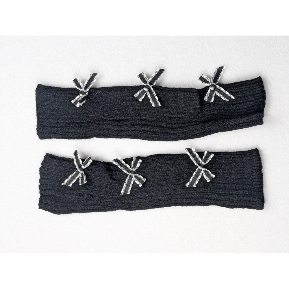Black Ribbed Knit Leg Warmers with Gingham Bows Coquette Balletcore Halloween